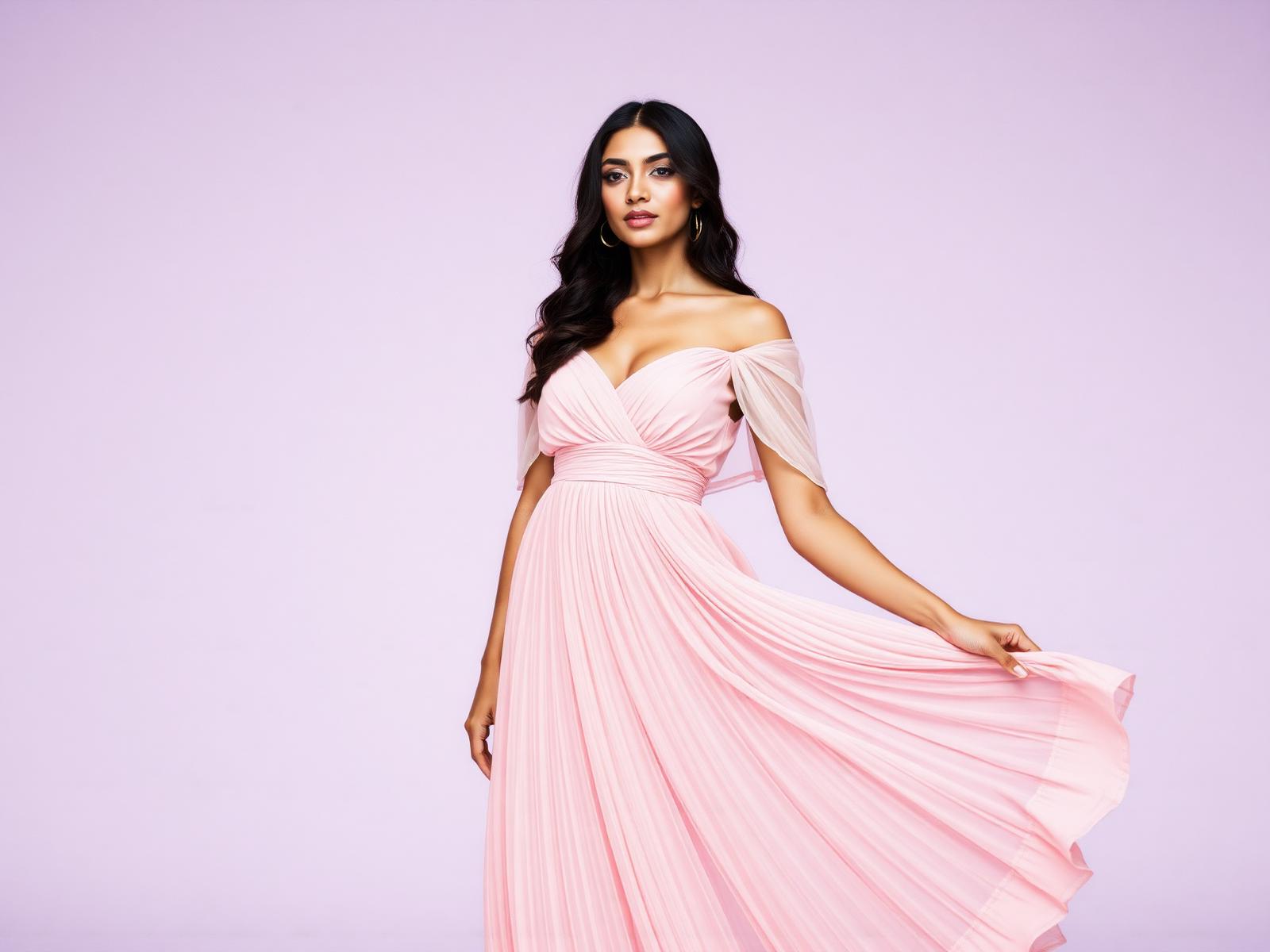 Model in a rose pink pleated dress against a lavender backdrop